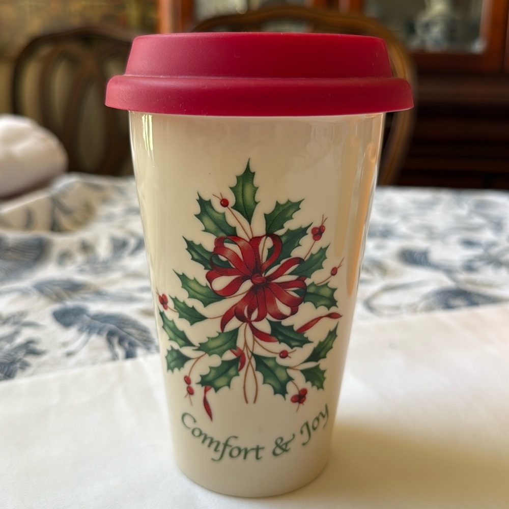 Lenox Holiday Comfort & Joy insulated travel mug cup porcelain tumbler